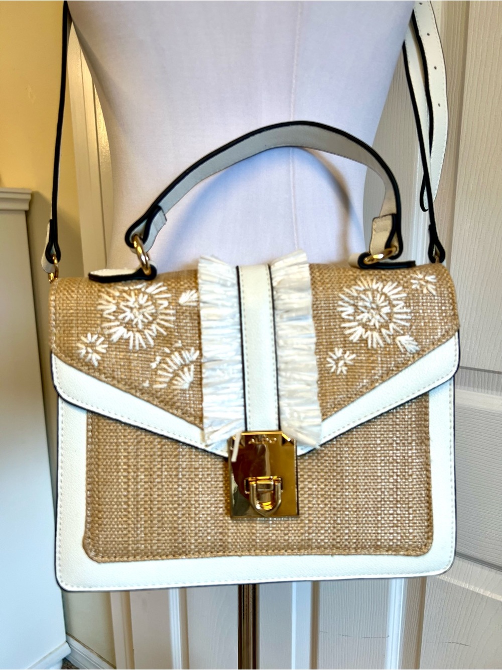 Aldo Oluniel top-handle satchel straw-textured body white floral embroidery boho